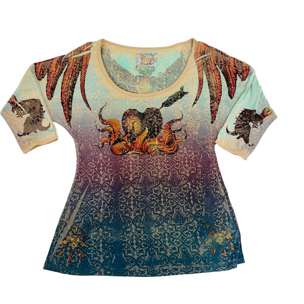 Butterfly Dropout Y2K Tattoo Graphic Top Flaming Heart Angel Wings Wolf MEDIUM